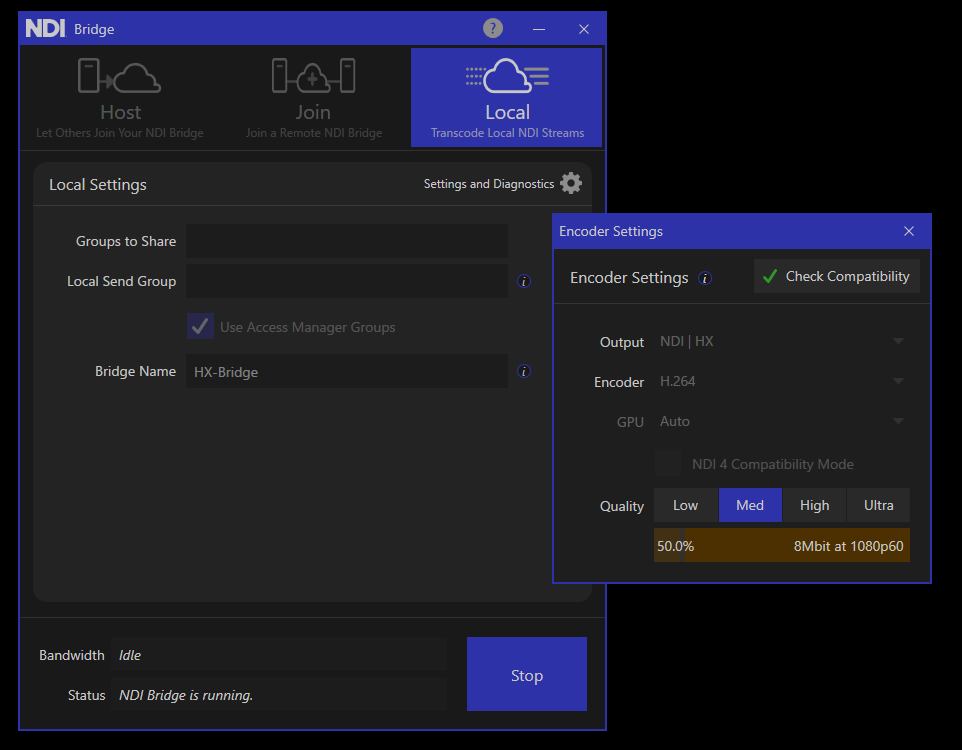 NDI Bridgeの設定画面